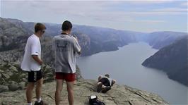 Olly's turn to be foolish, taking a photo over the edge of Pulpit Rock